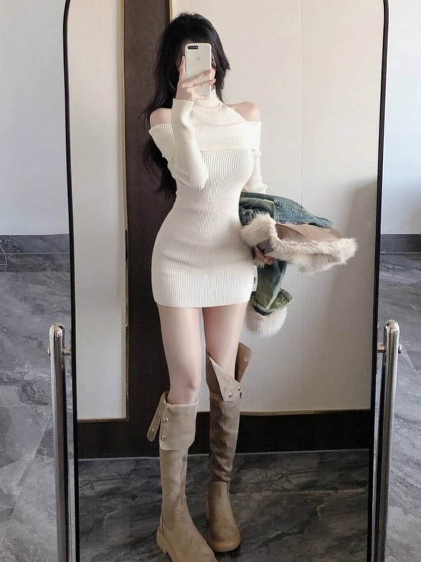 シースルーショルダー ニットミニワンピース