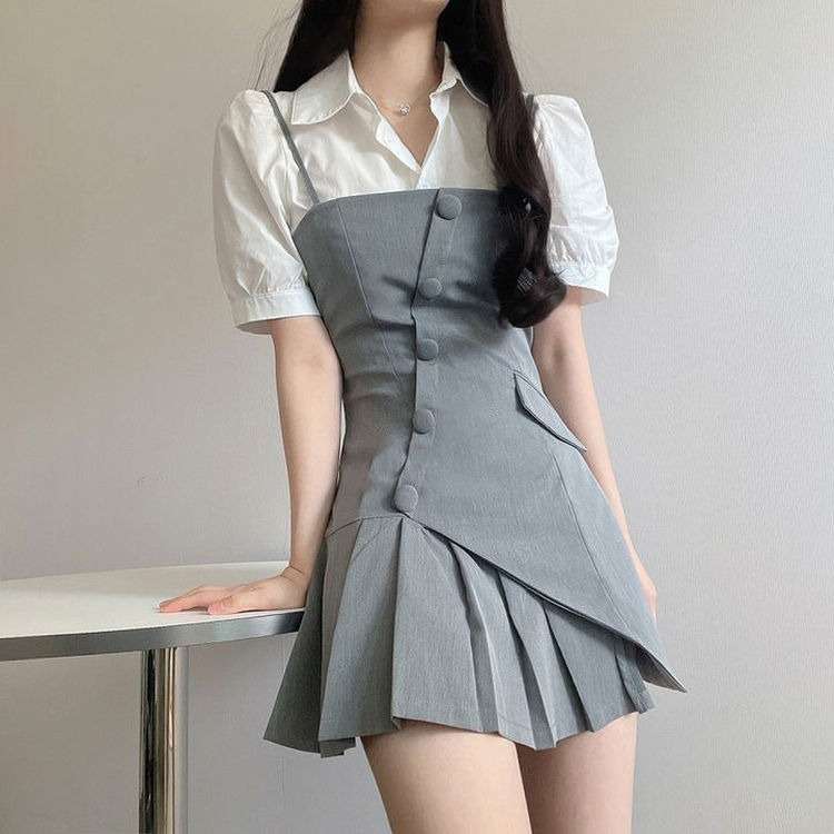 ミニワンピース アシンメトリープリーツキャミワンピース