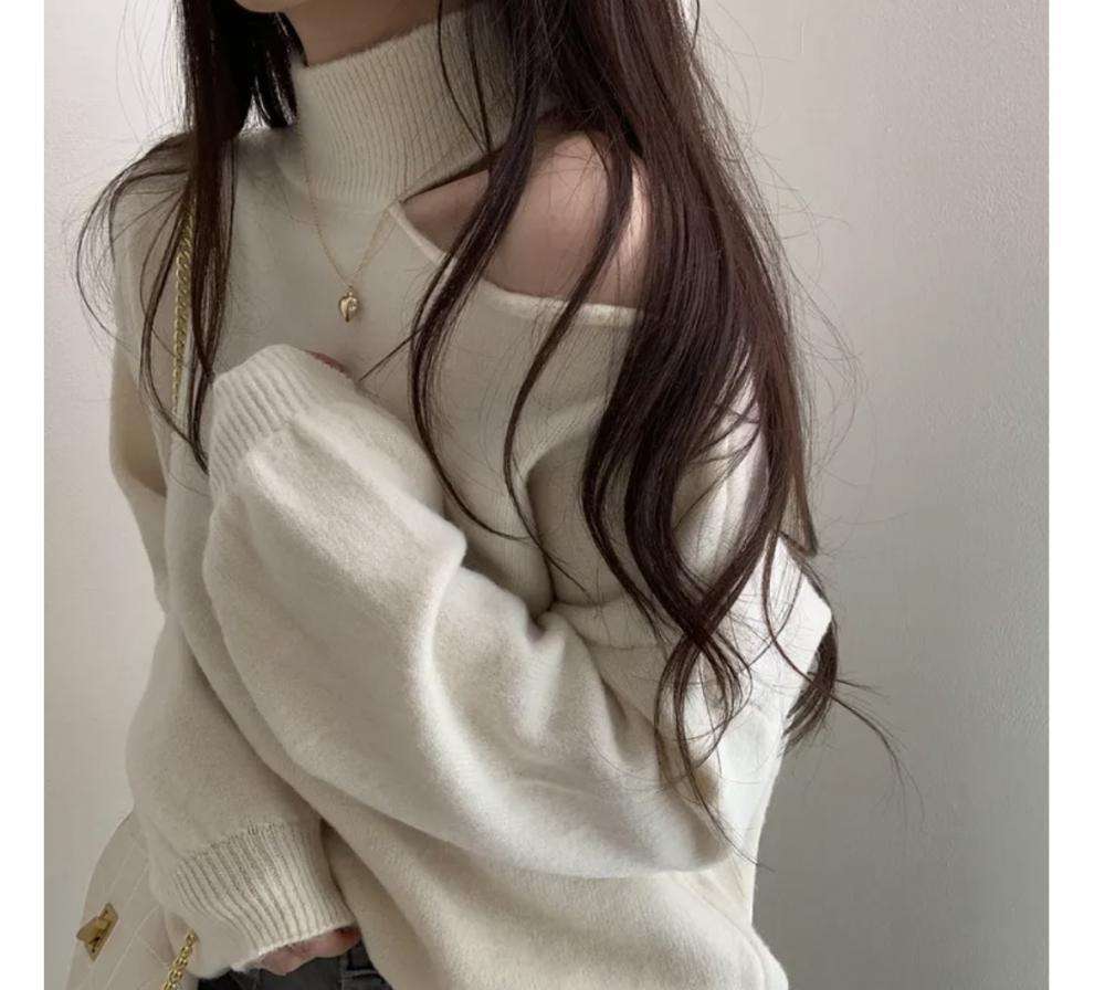 【秋冬】ミニワンピース オフショルダー風ニットワンピース