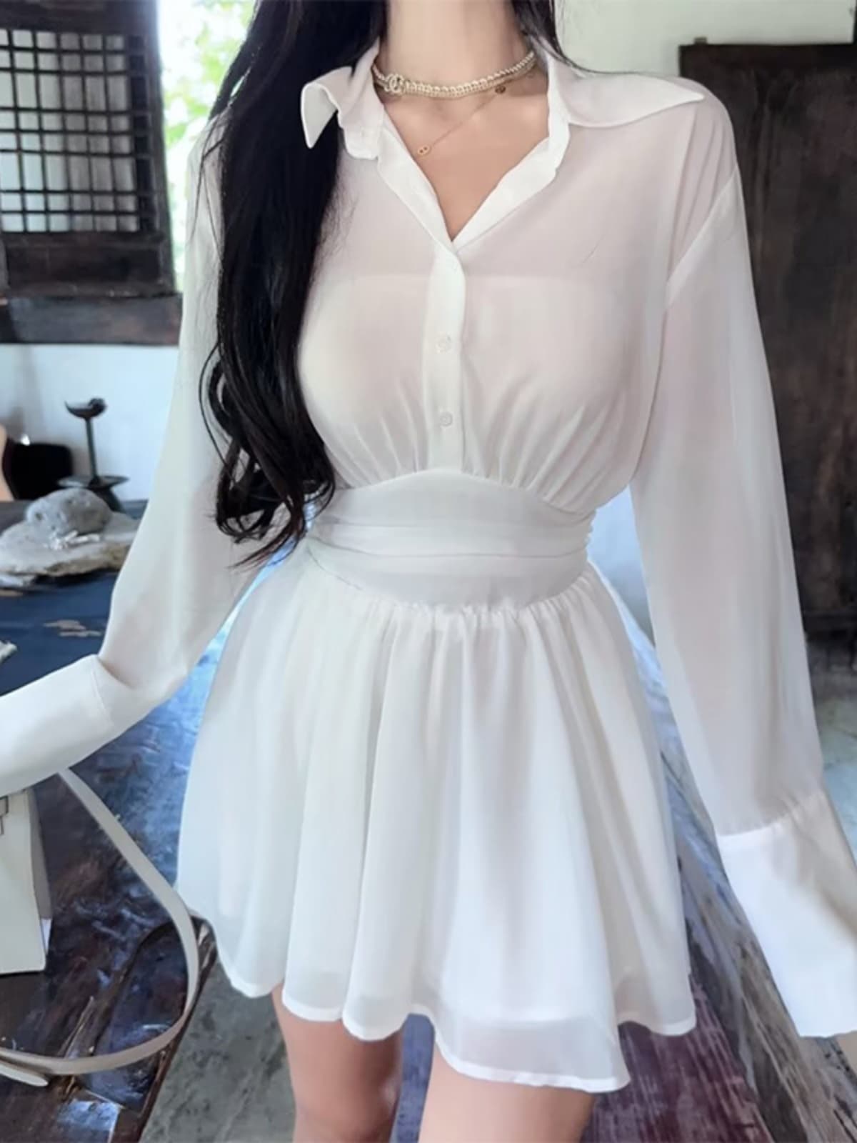 ミニワンピース 透け感シフォンミニワンピース