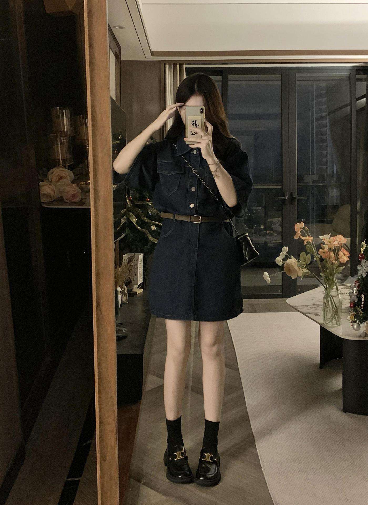 ミニワンピース 半袖デニムワンピ シンプルカジュアル