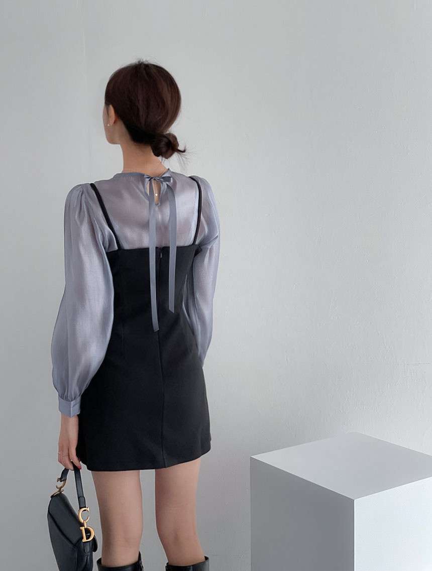 透け感シアーブラウス×レイヤードキャミワンピース セット
