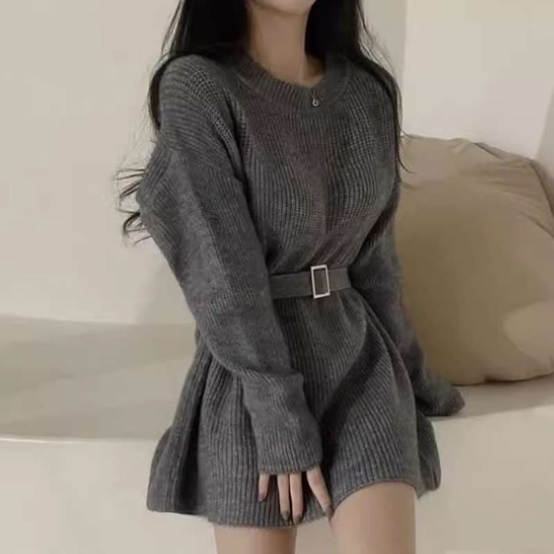 ベルト付き リブニットミニワンピース 秋冬