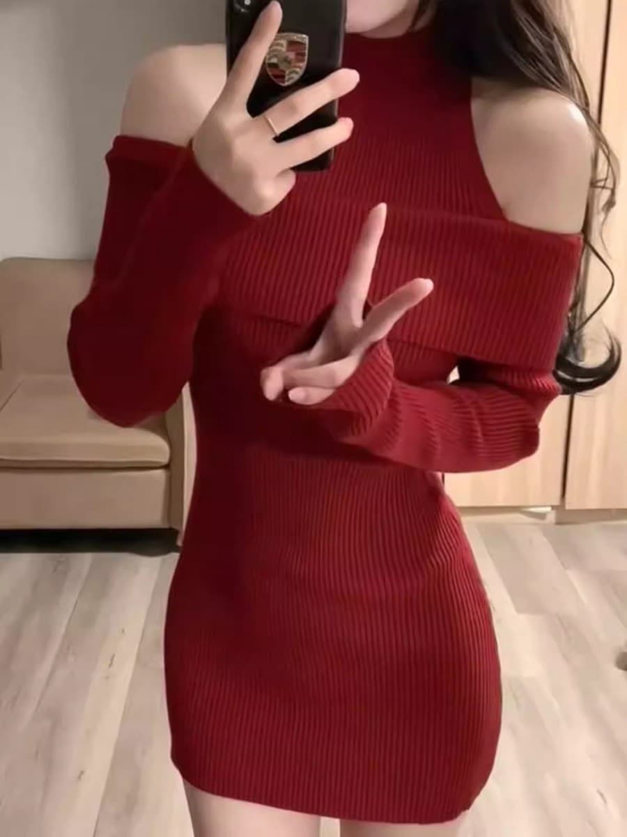 シースルーショルダー ニットミニワンピース