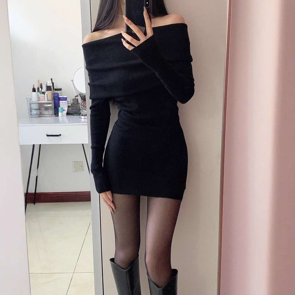 オフショルダーリブニットミニワンピース