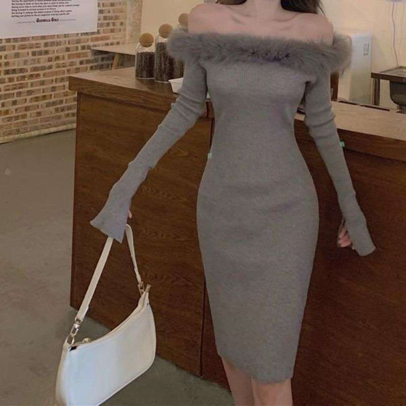 ファー付きリブニットミニワンピース