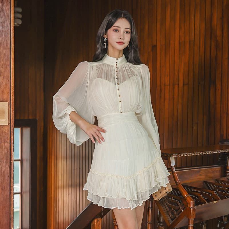 ミニワンピース シアー素材ロマンティックミニキャバドレス