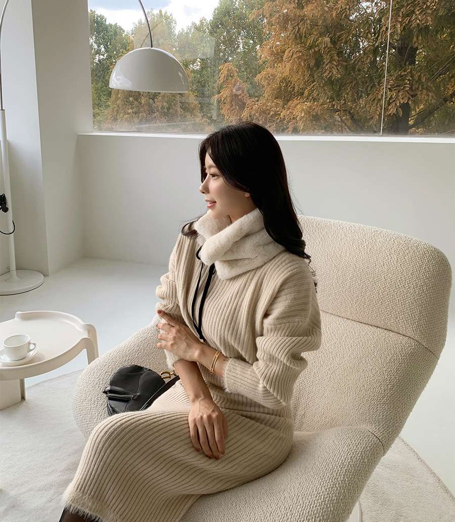 ミニワンピース リブ編みセットアップニットワンピース