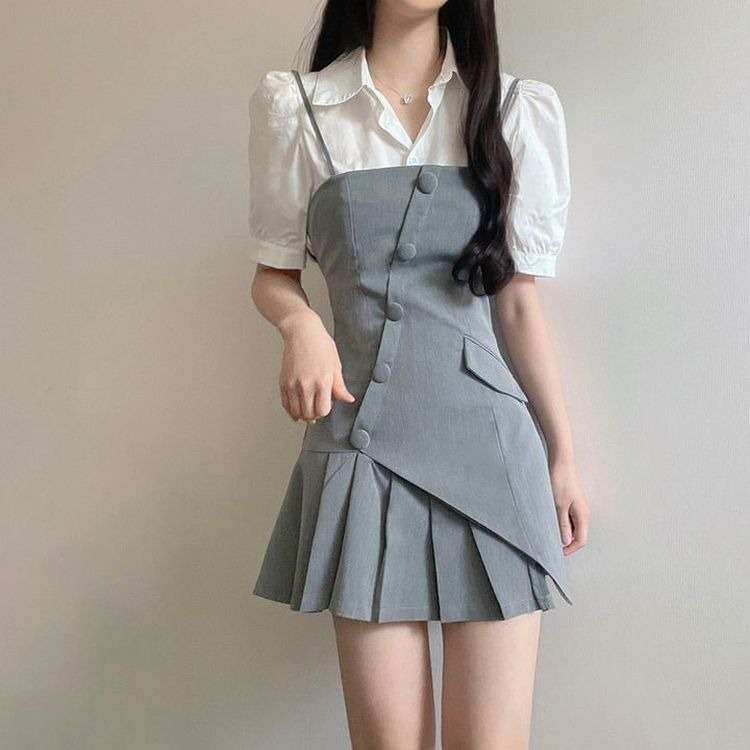 ミニワンピース アシンメトリープリーツキャミワンピース