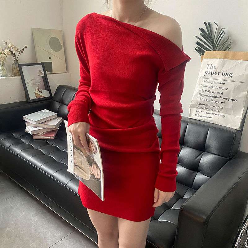 アシメントリーネック タイトミニワンピース