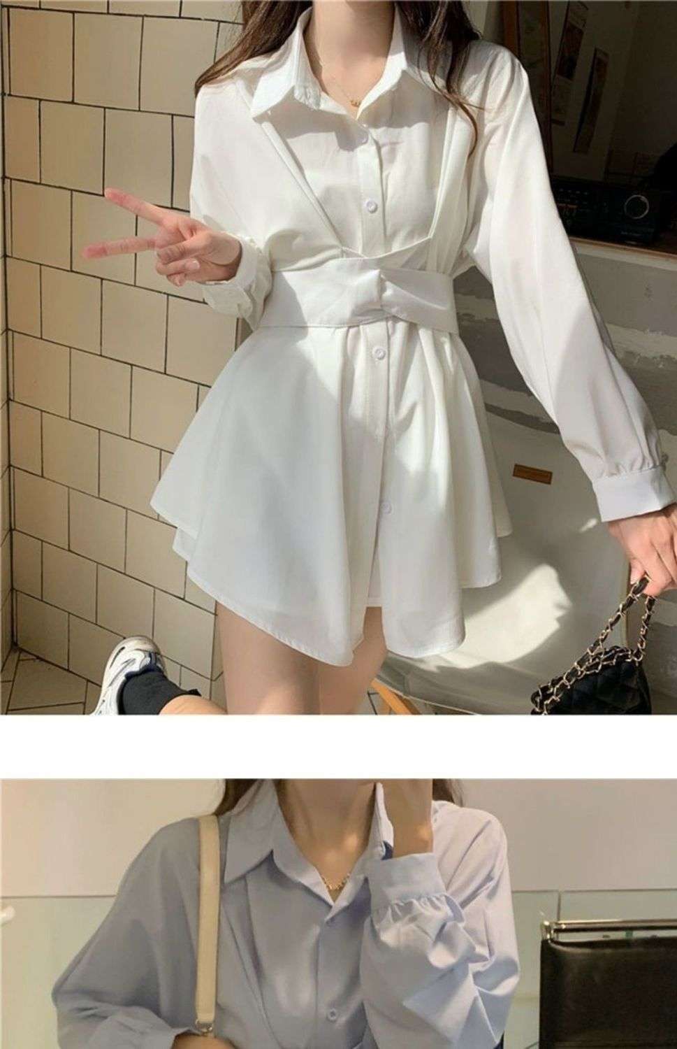 ミニワンピース ウエストリボンシャツミニワンピース&ショートパンツ 2点セット 