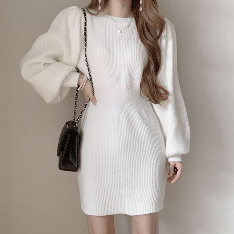 ふんわり袖のリブニットミニワンピース