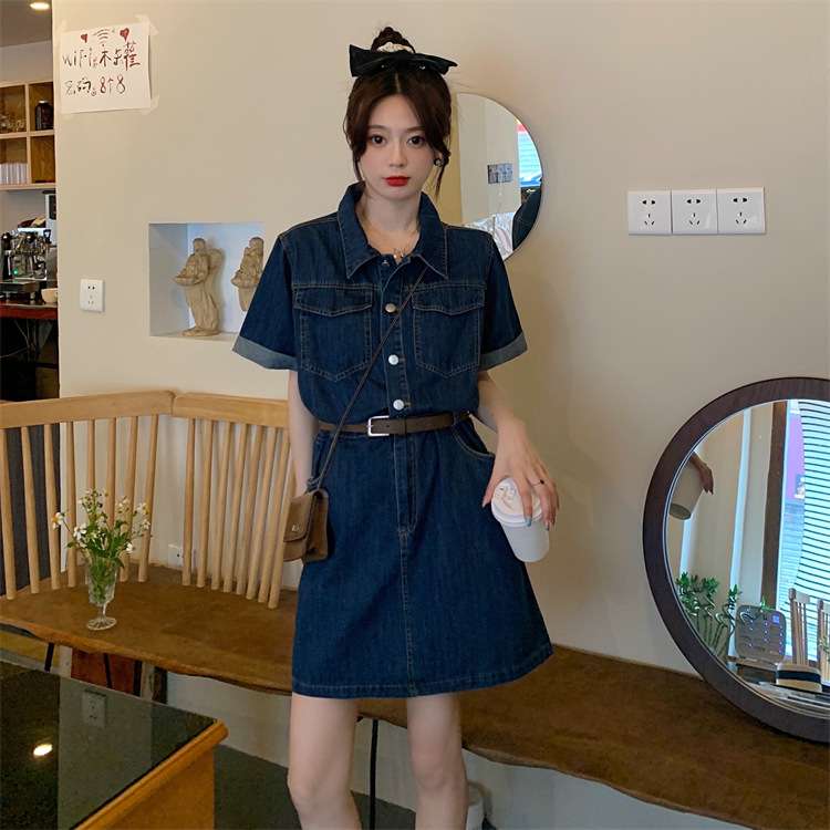 ベルト付きデニムミニワンピース