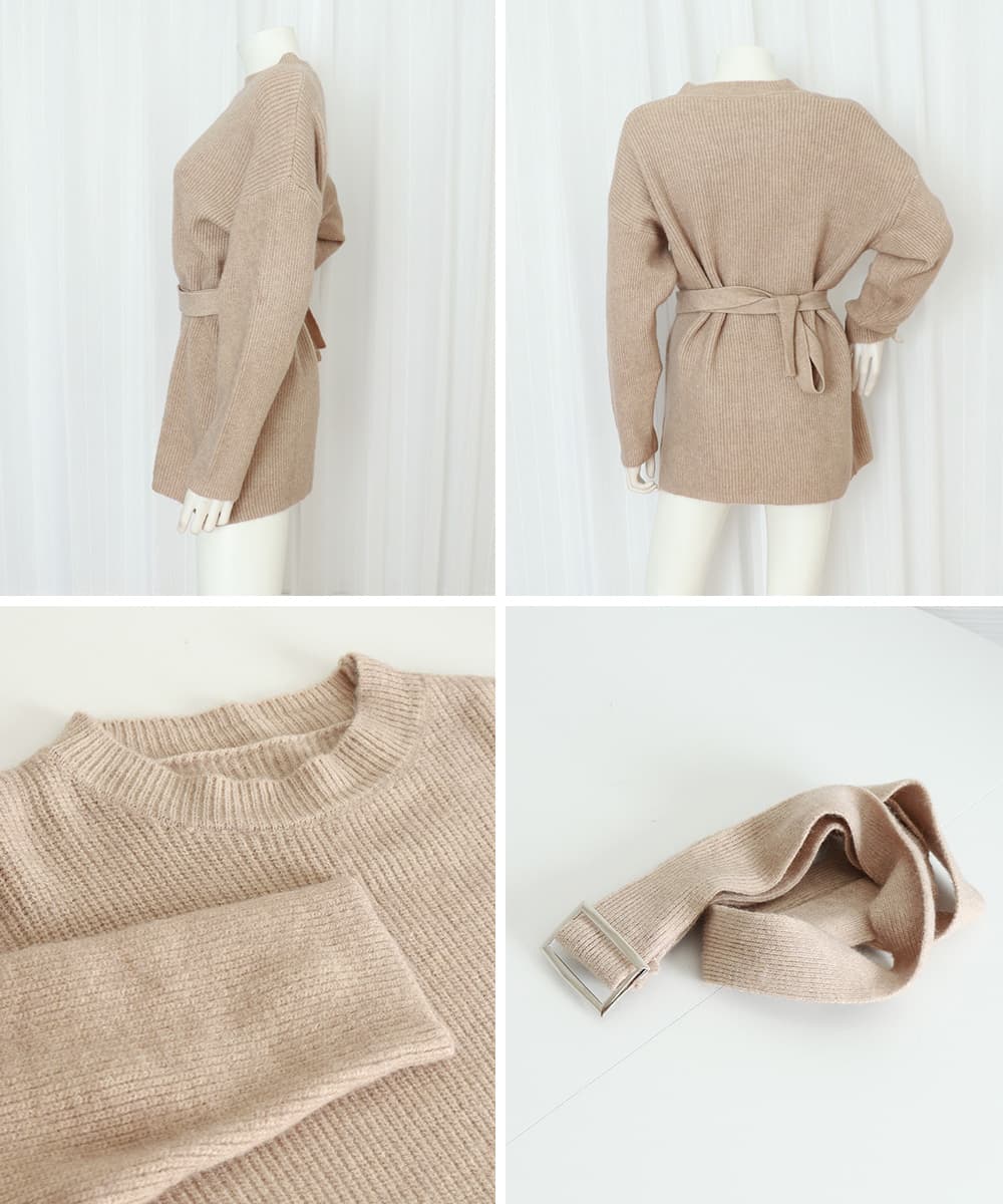 ミニワンピース ベルト付きリブニットワンピース長袖