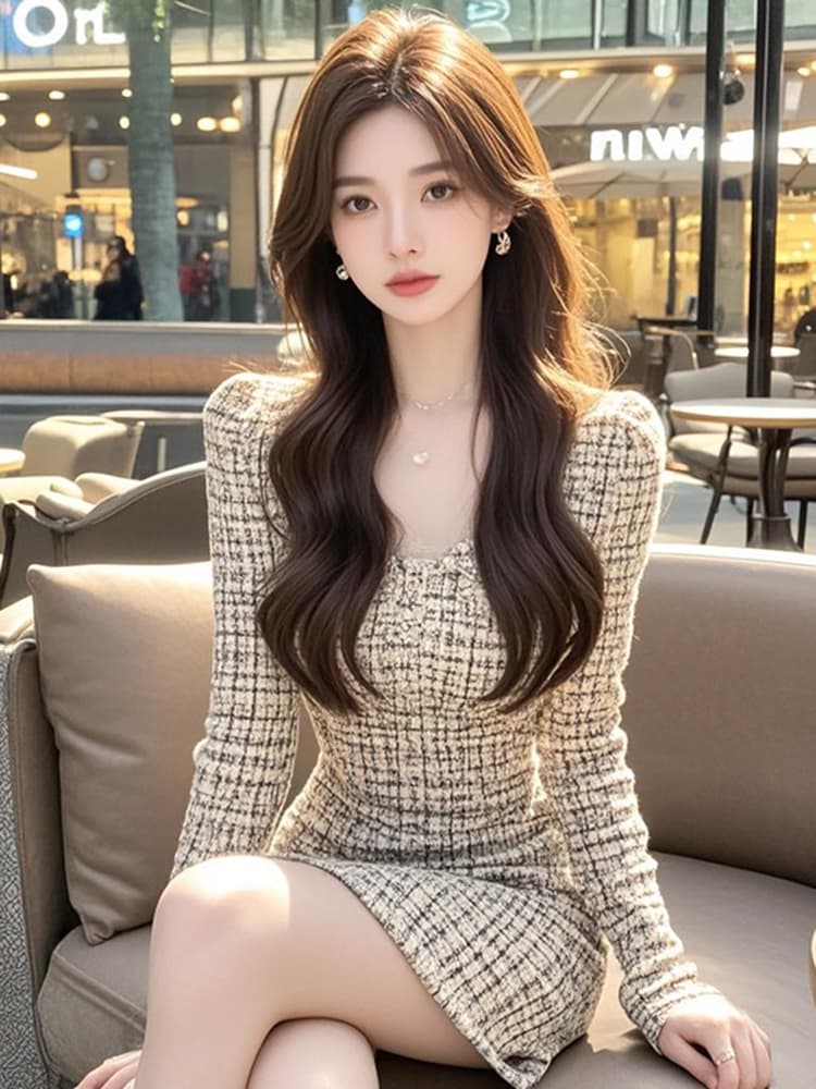 ミニワンピース パール飾り付きツイード