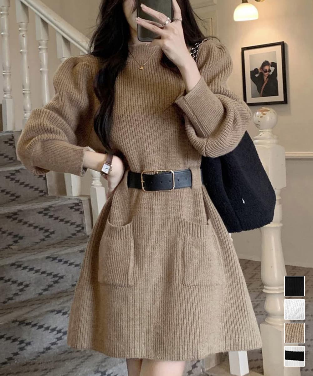 ベルト付きリブニットミニワンピース