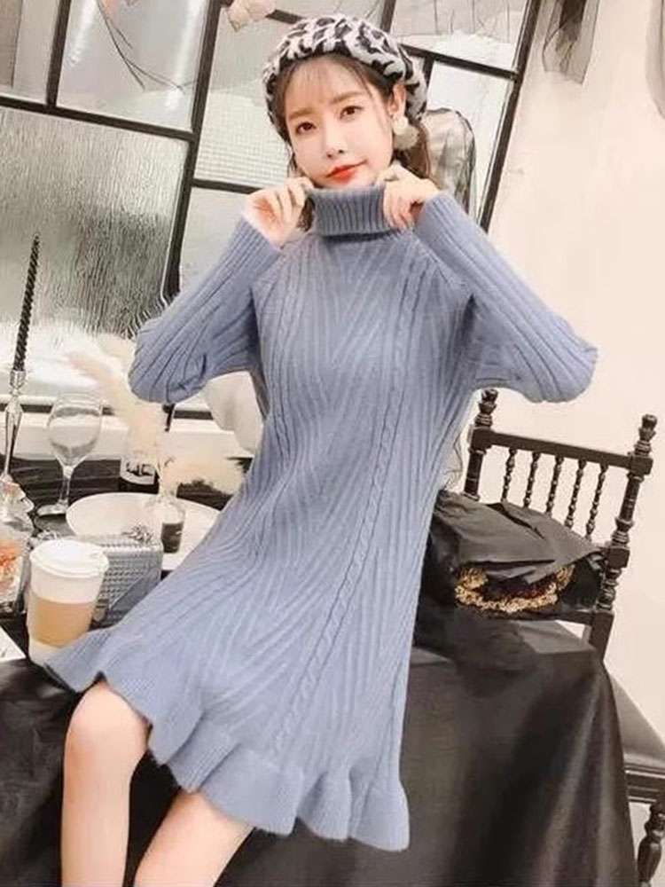 ミニワンピース タートルネックニットワンピース