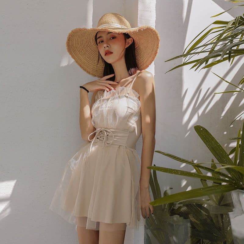 ミニワンピース レースチュール重ねミニキャミワンピース