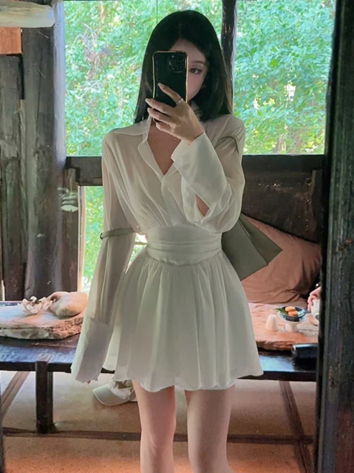 ミニワンピース 透け感シフォンミニワンピース