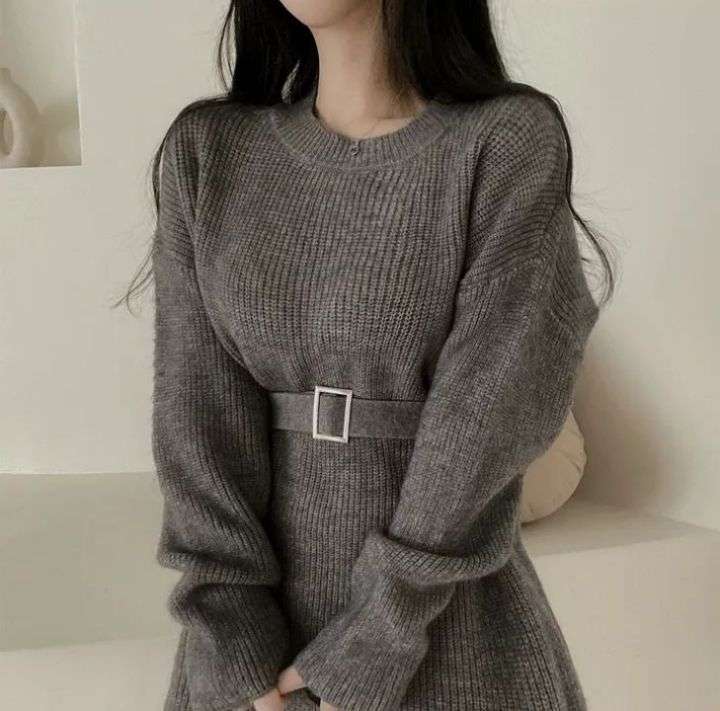 ベルト付き リブニットミニワンピース 秋冬
