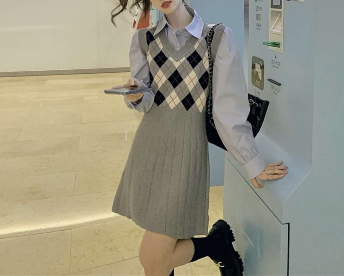 チェック柄ベスト付きシャツミニワンピース