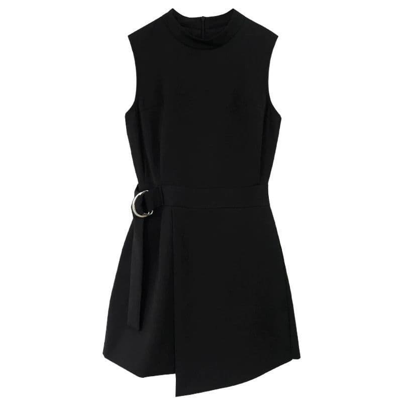 ミニワンピース ハイネック ベルト付き ノースリーブミニワンピース