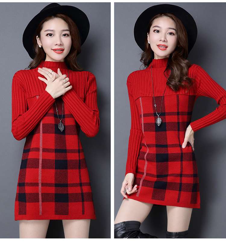 ミニワンピース チェック柄タートルネックワンピース