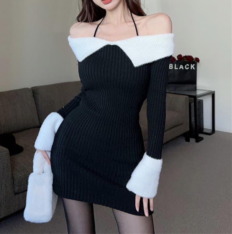 リブニット オフショルダー ミニワンピース