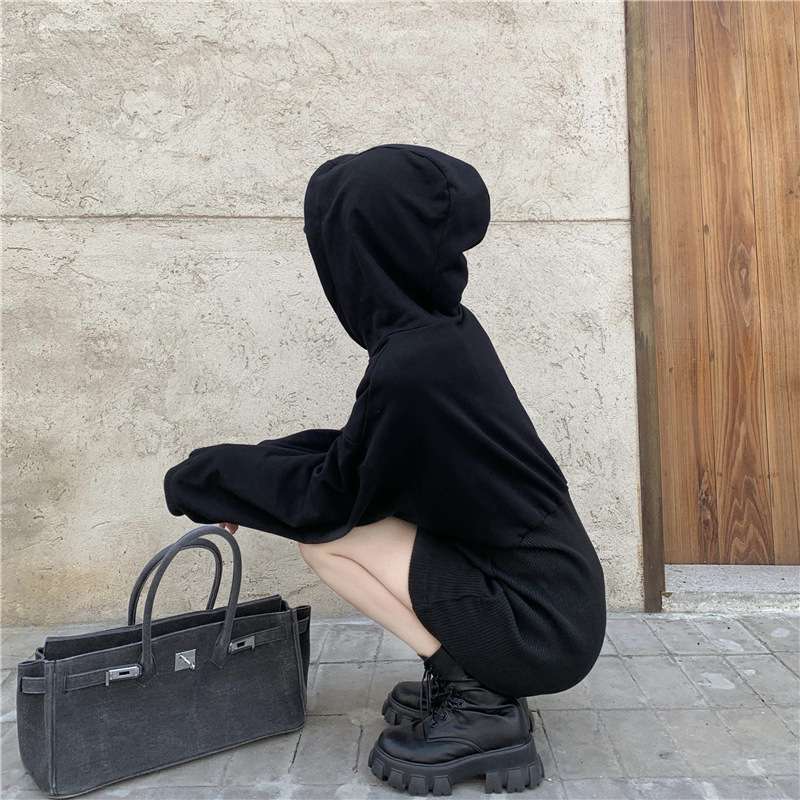 シンプルリブ切替パーカーミニワンピース