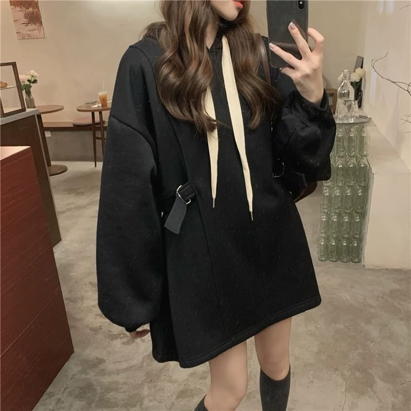 ミニワンピース 秋冬レトロ風ゆったり長袖パーカーワンピース