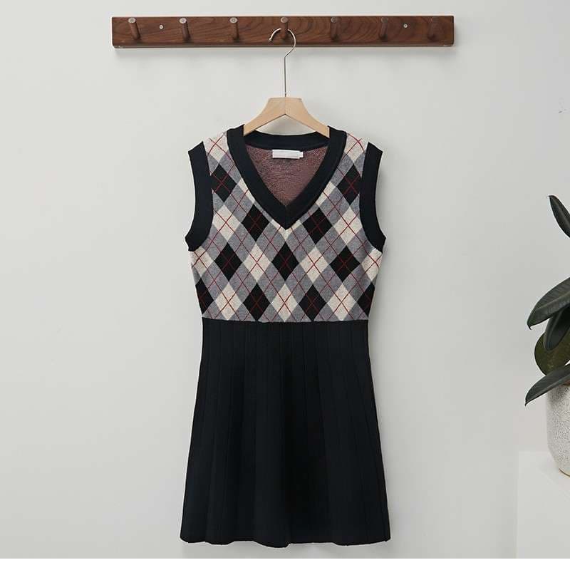チェック柄ベスト付きシャツミニワンピース