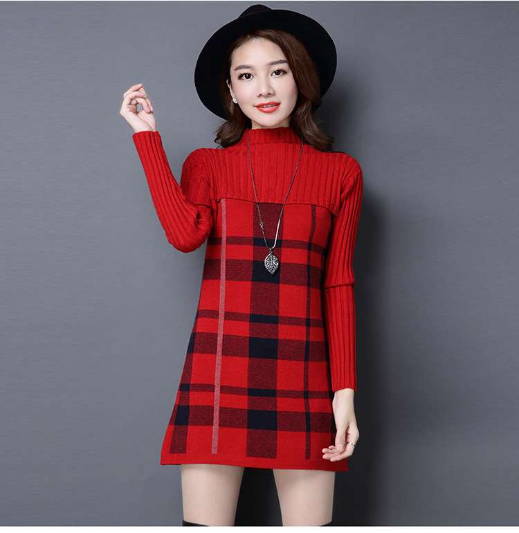 ミニワンピース チェック柄タートルネックワンピース