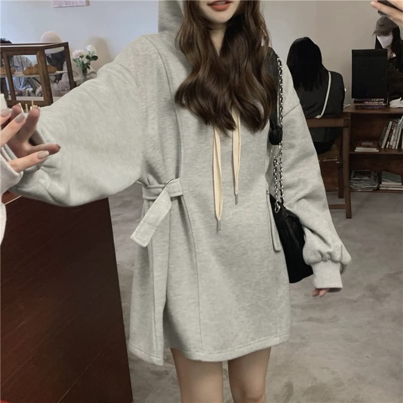 ミニワンピース 秋冬レトロ風ゆったり長袖パーカーワンピース