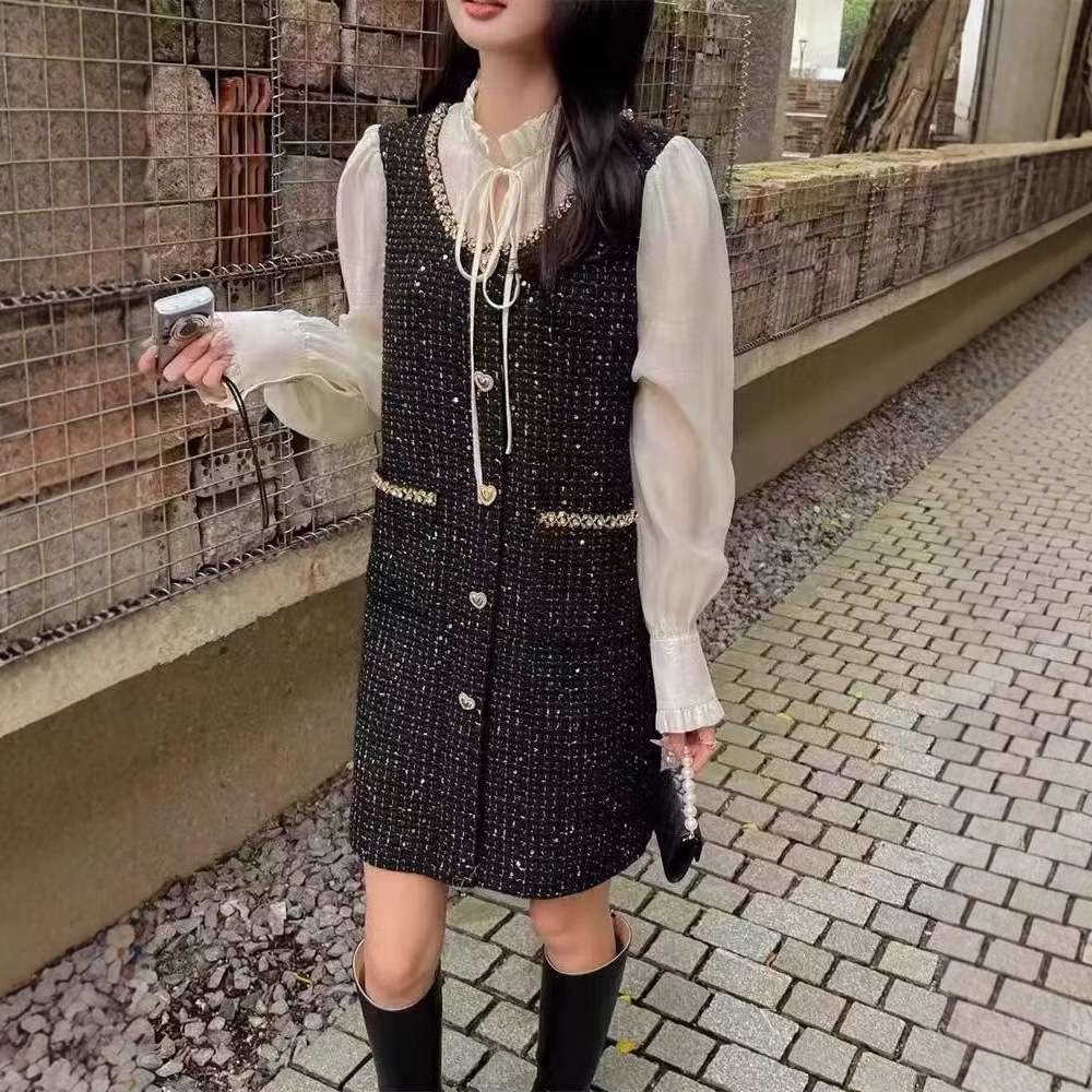 ミニワンピース パール付きツイードミニキャミワンピース