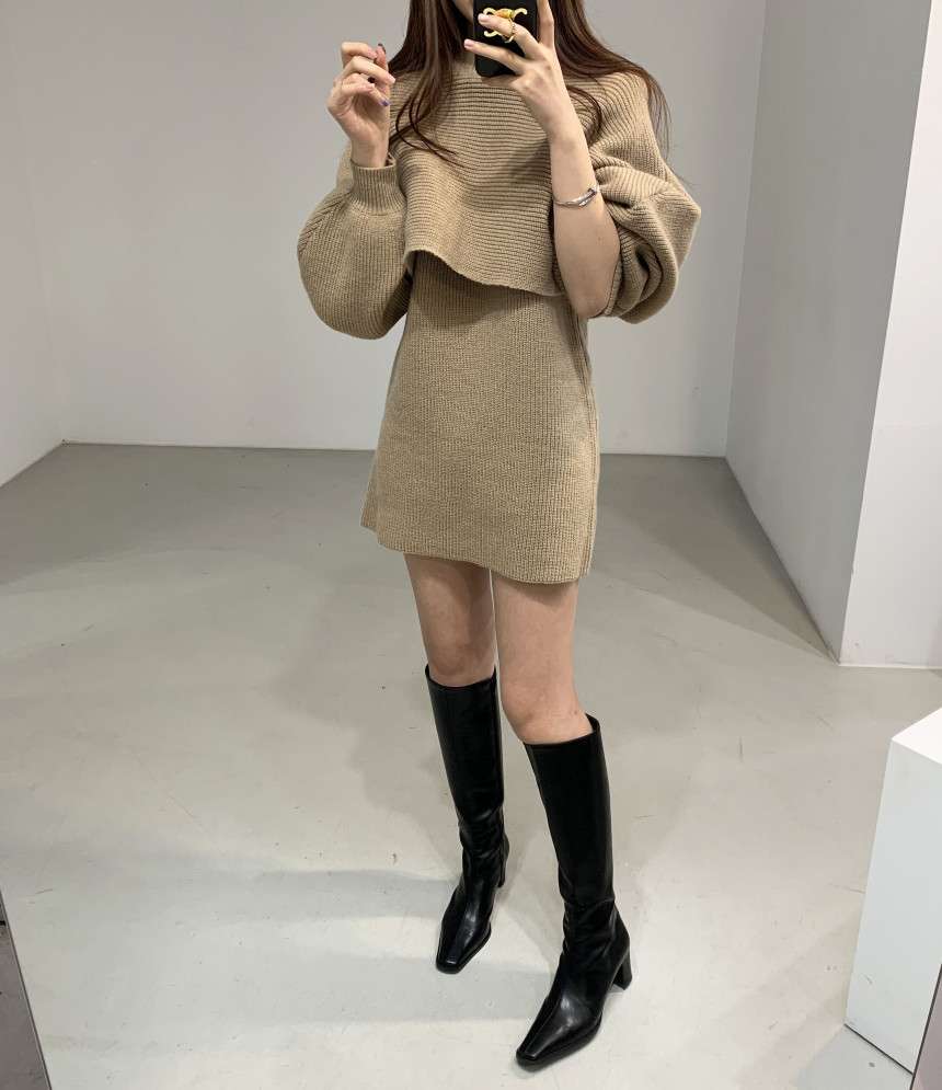 ふんわりパフスリーブ ニットミニワンピース