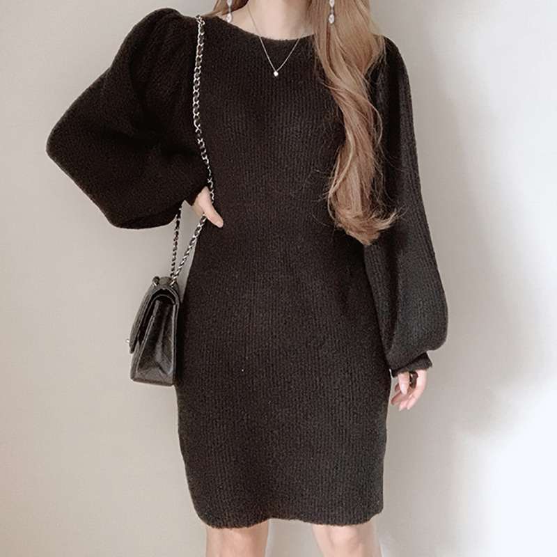 ふんわり袖のリブニットミニワンピース