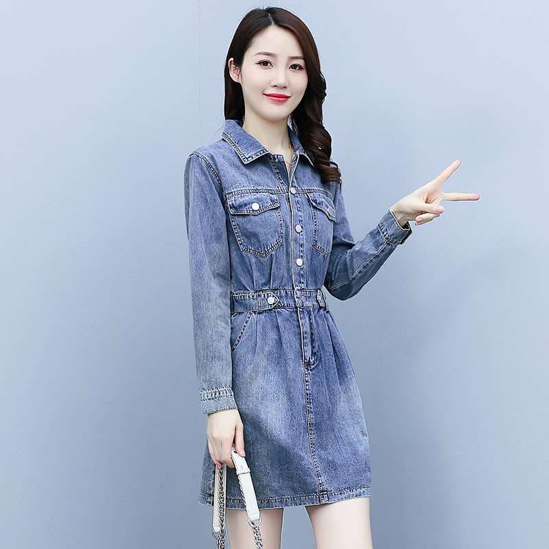 シャツカラーデニムミニワンピース