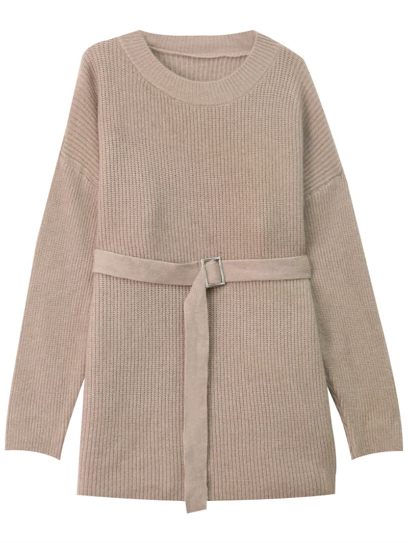 秋冬新作 丸首ベルト付きニットミニワンピース