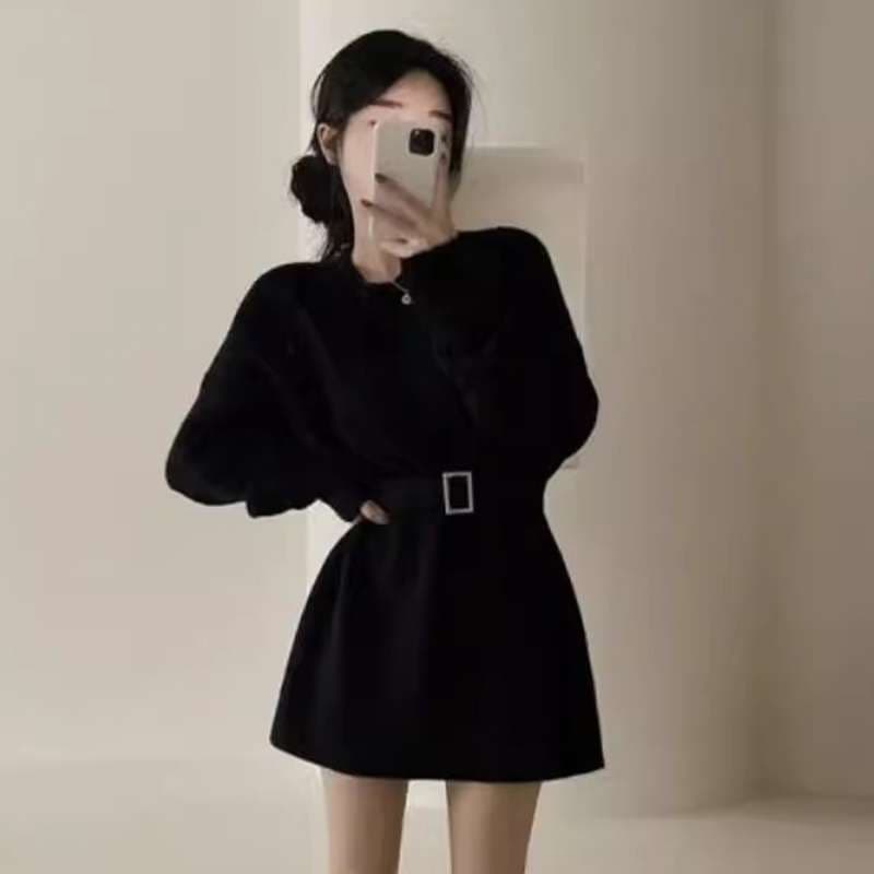 ベルト付き リブニットミニワンピース 秋冬