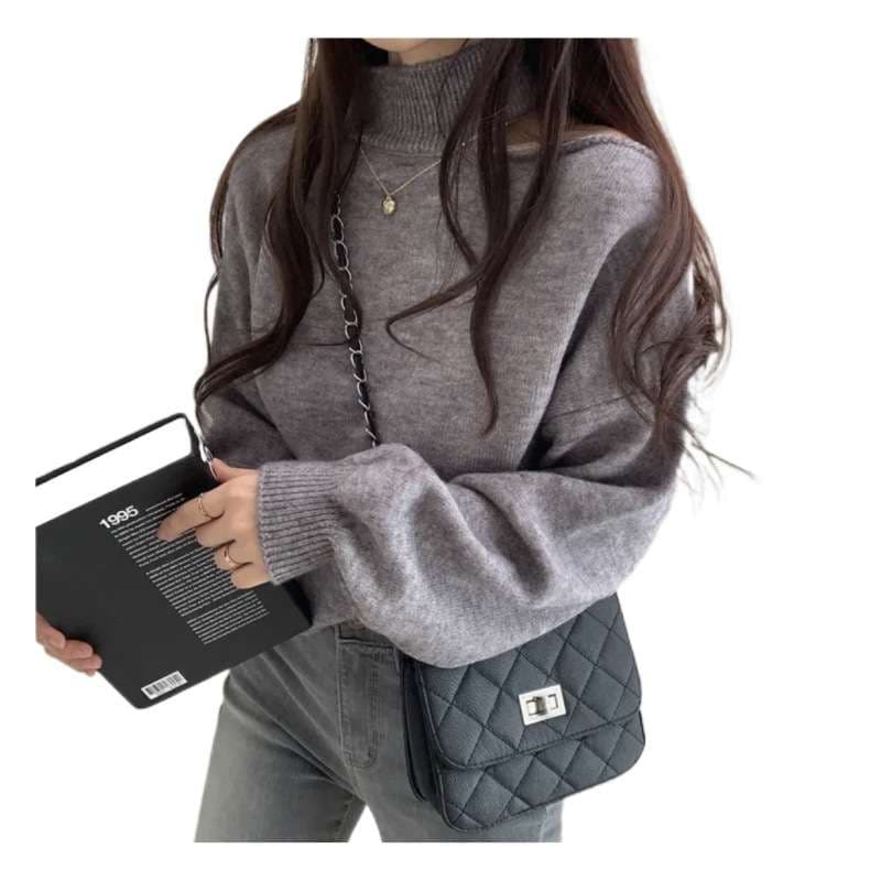 【秋冬】ミニワンピース オフショルダー風ニットワンピース