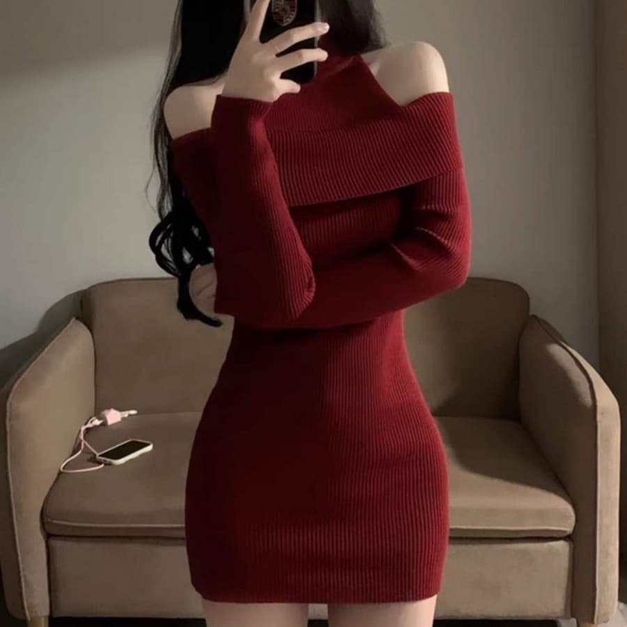 シースルーショルダー ニットミニワンピース