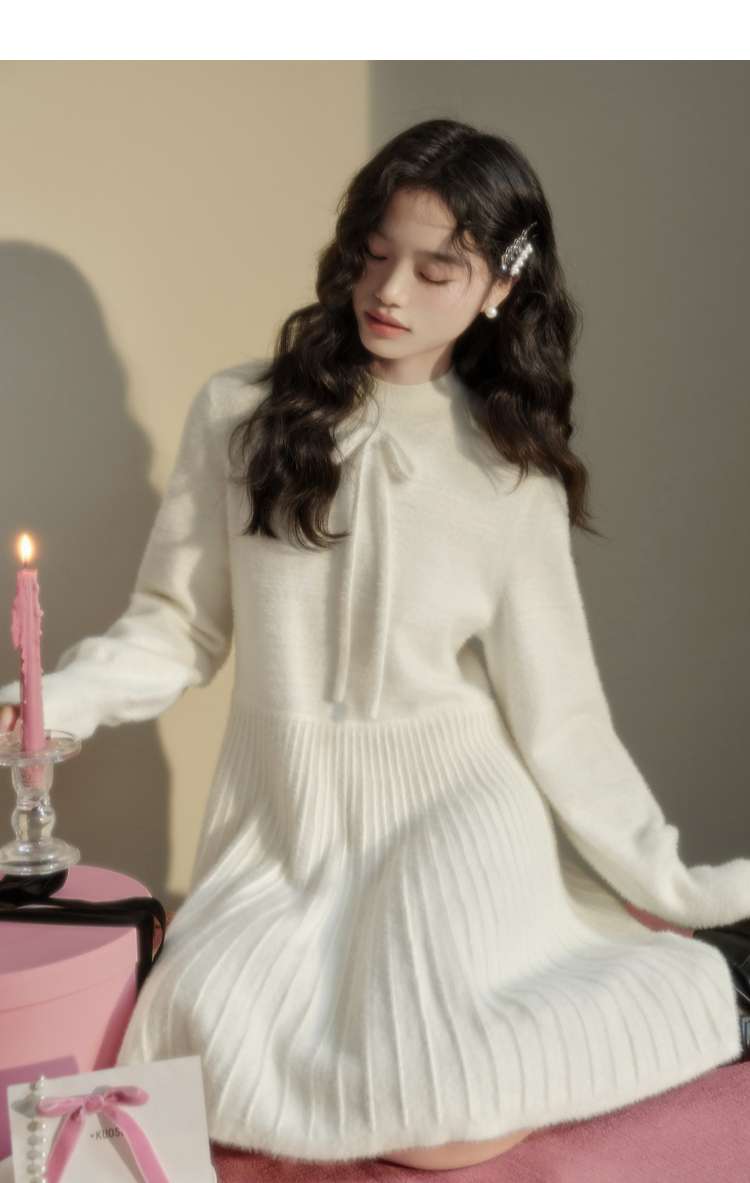 ミニワンピース プリーツミニニットワンピース