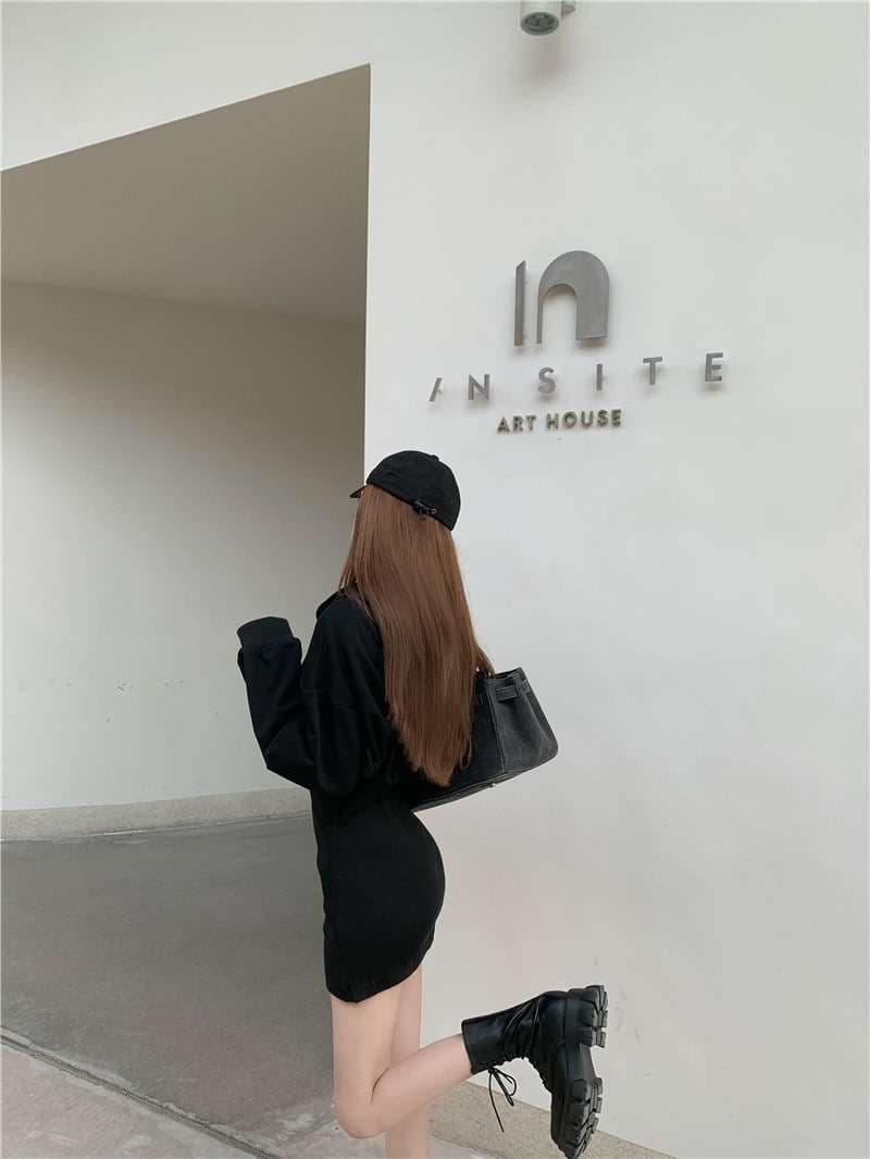 シンプルリブ切替パーカーミニワンピース