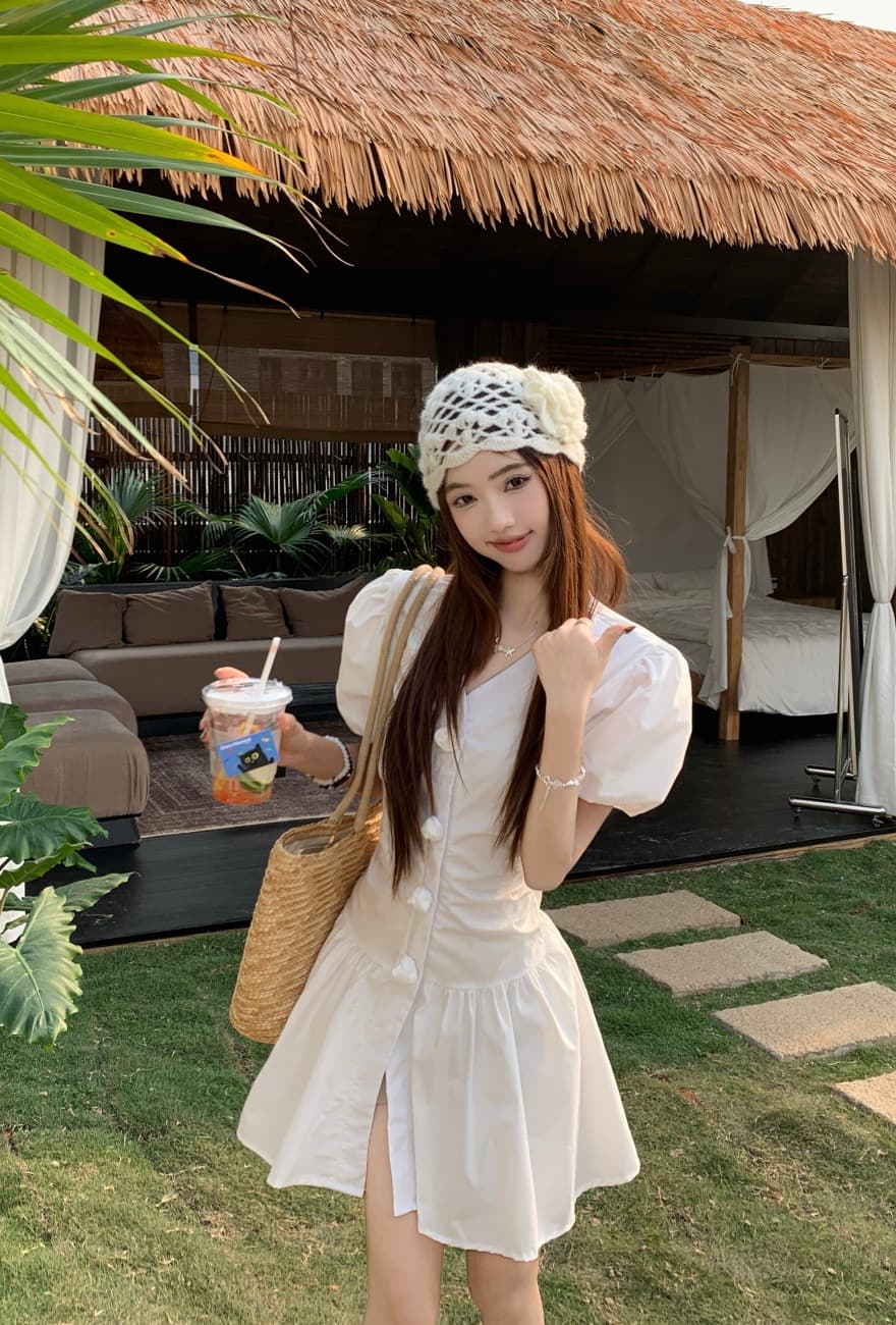 ミニワンピース ぽわん袖フロントボタンシャツミニワンピース