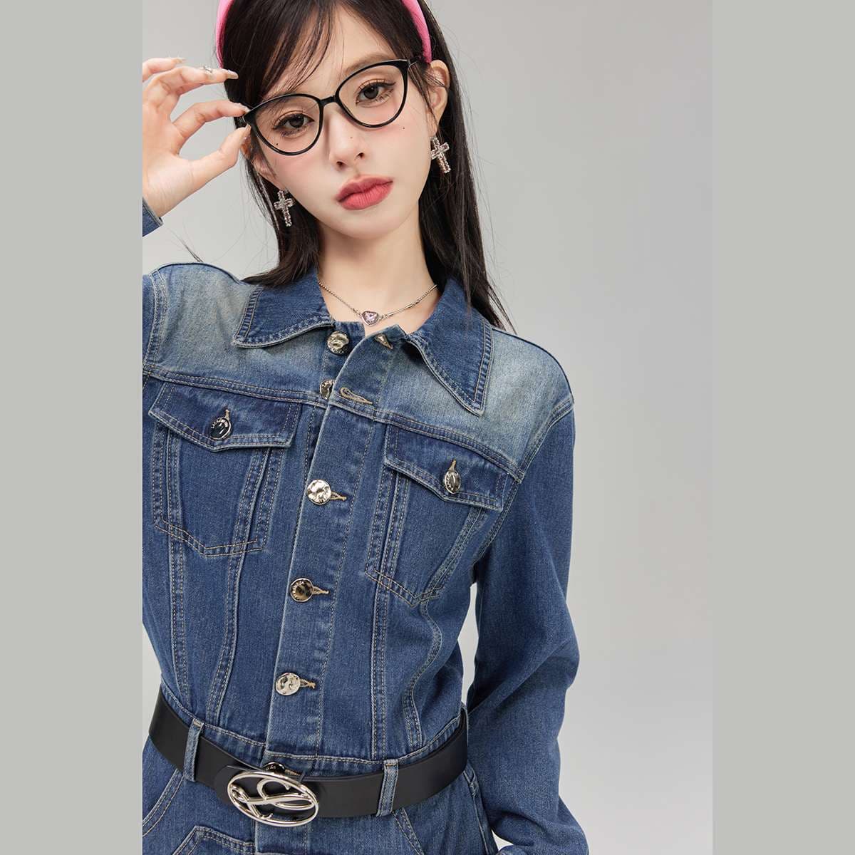 ミニワンピース レトロガーリーデニムワンピース