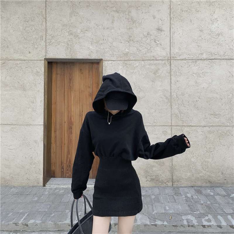 シンプルリブ切替パーカーミニワンピース