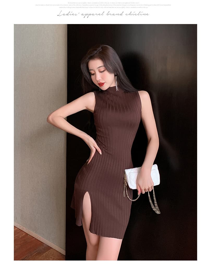 ノースリーブ ハイネックニットミニワンピース