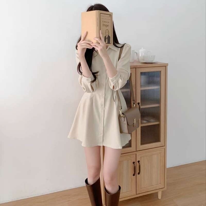 ミニワンピース ウエストタック長袖シャツワンピ