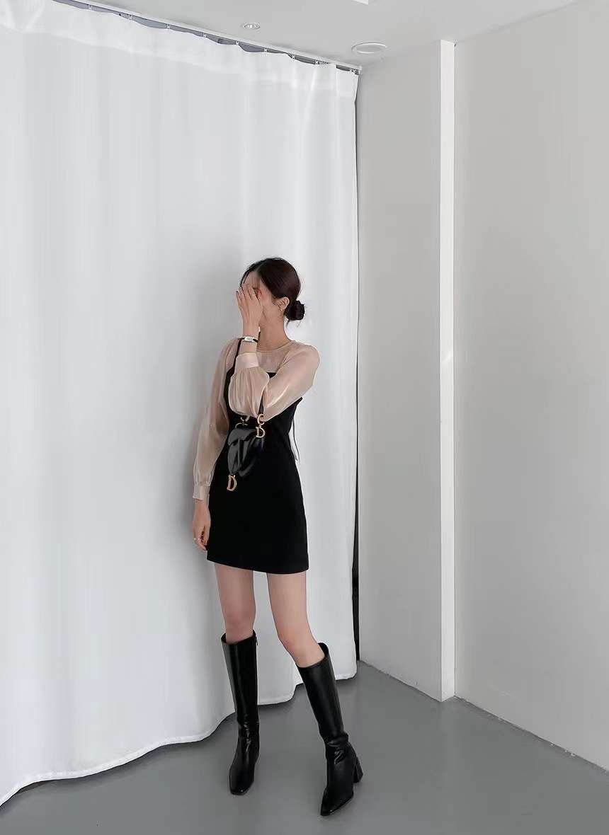 透け感シアーブラウス×レイヤードキャミワンピース セット