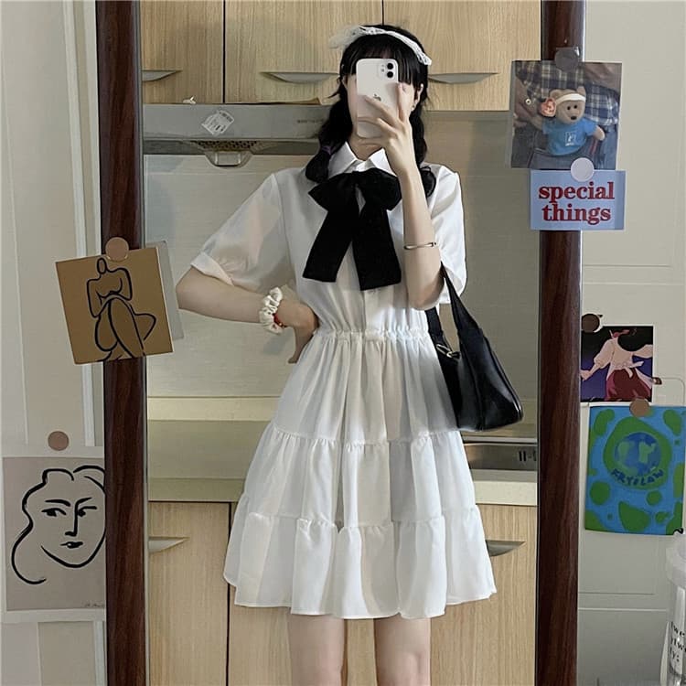 リボン付きティアード フレアミニワンピース